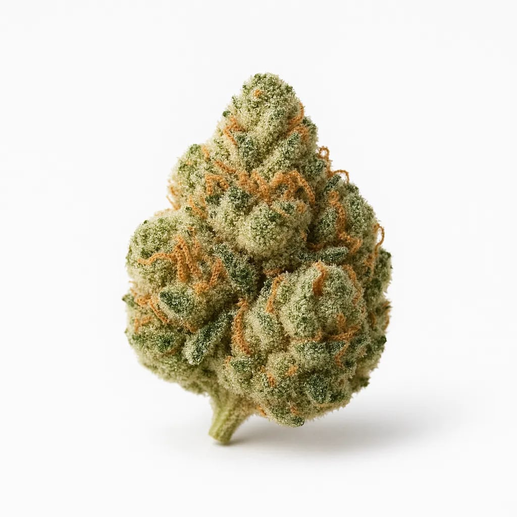 Sour Bubble cannabis strain — indica flower buds, macro photo on white background