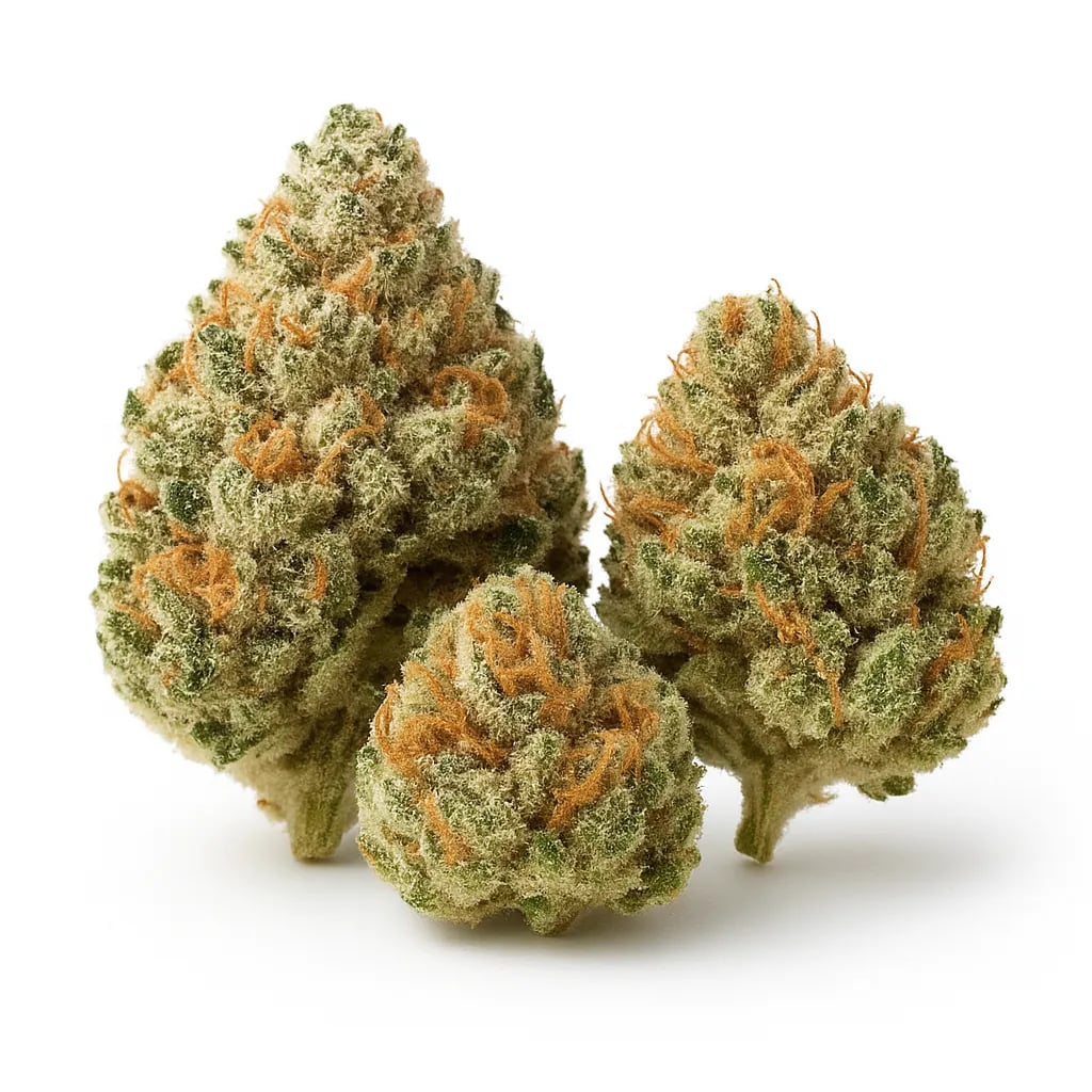 Cookie Dough cannabis strain — hybrid flower buds, macro photo on white background