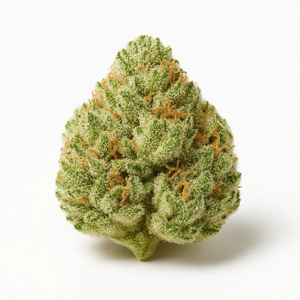 Peanut Butter Breath cannabis flower, single conical nug on white, macro detail