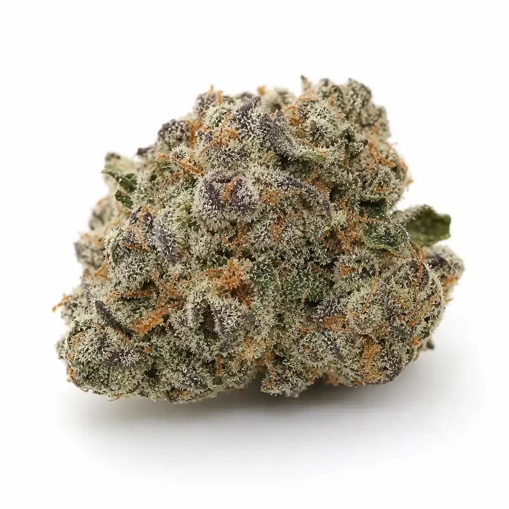 Starfighter cannabis flower buds on white background, macro strain photo
