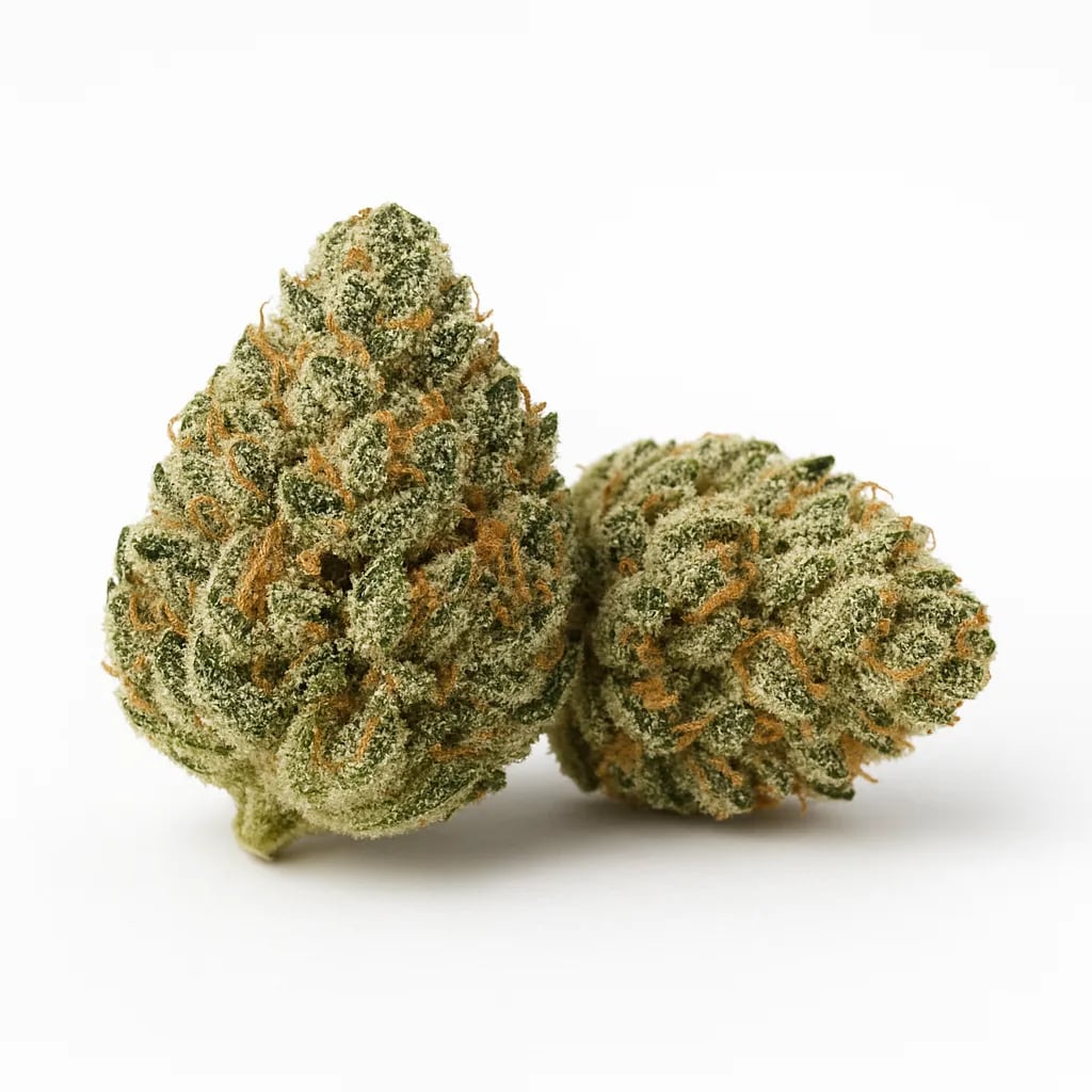 Platinum GSC cannabis flower, single conical nug on white, macro detail