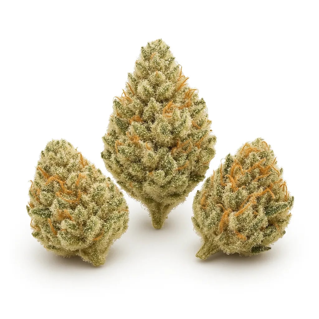 French Cookies cannabis strain — hybrid flower buds, macro photo on white background
