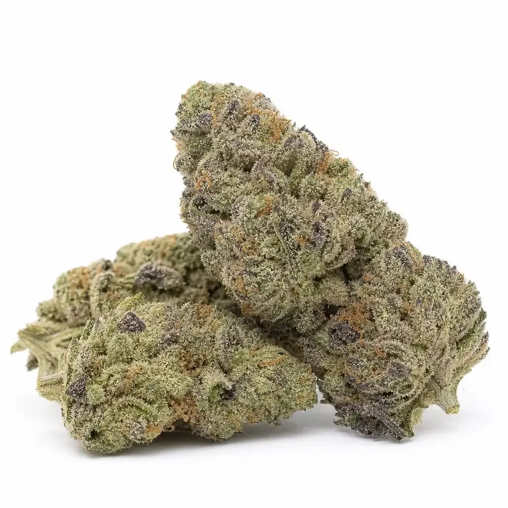 White Runtz cannabis flower buds on white background, macro strain photo