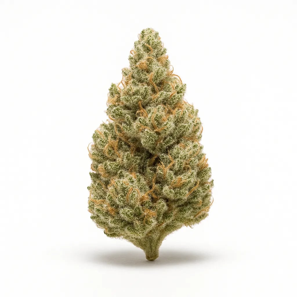 Biscotti hybrid cannabis, detailed trichome view, clean background
