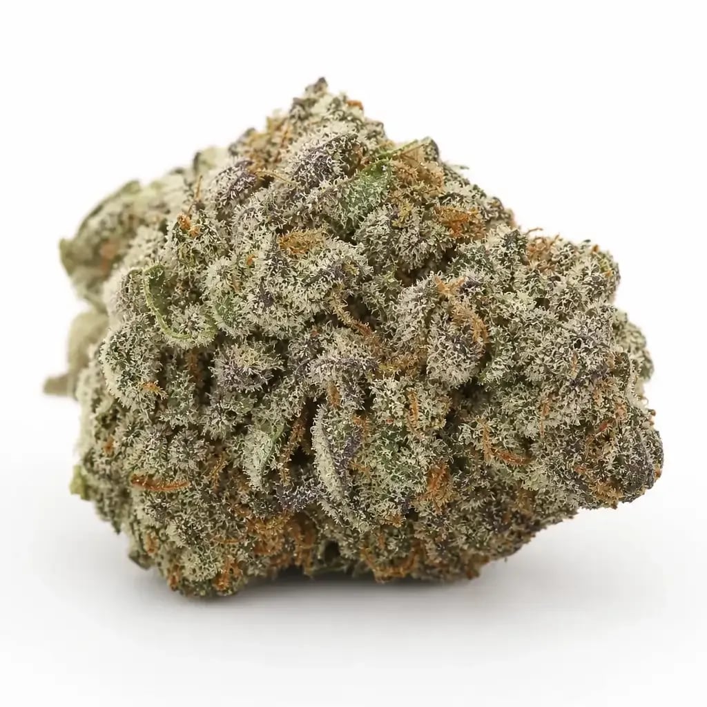 Stinky Pinky cannabis flower buds on white background, macro strain photo